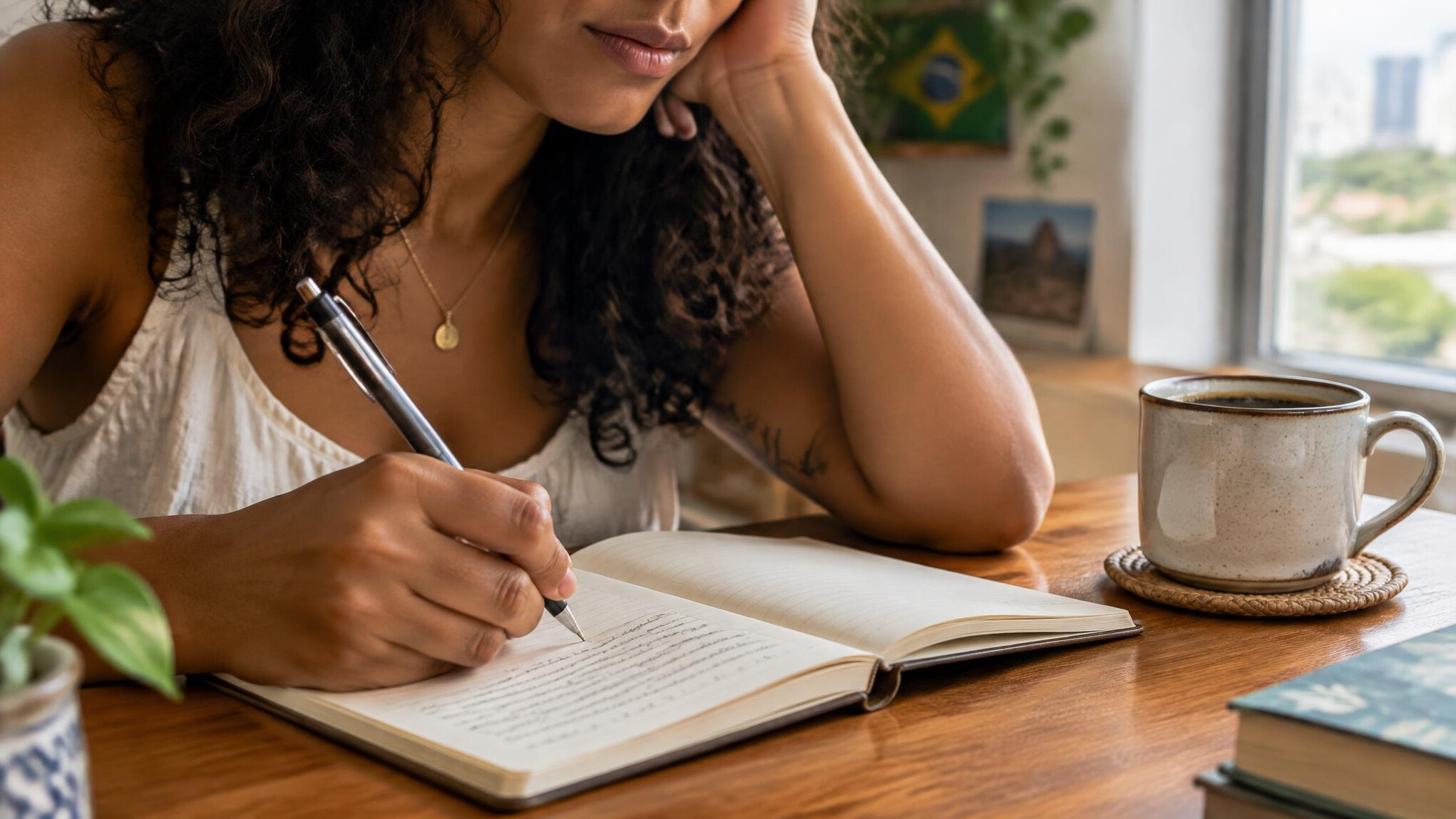 Person writing thoughtfully in a notebook journal