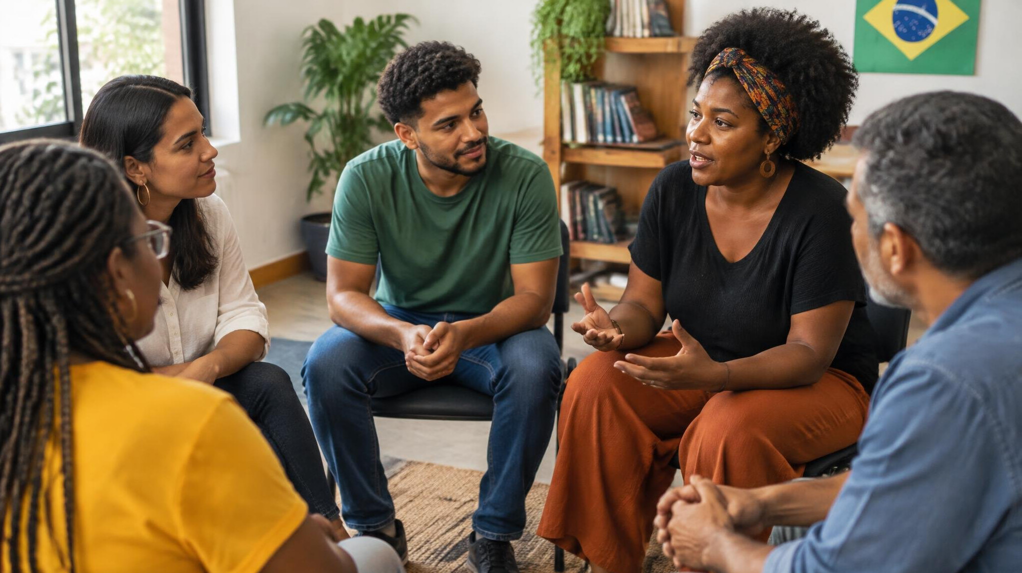 Group of diverse people in a supportive discussion circle