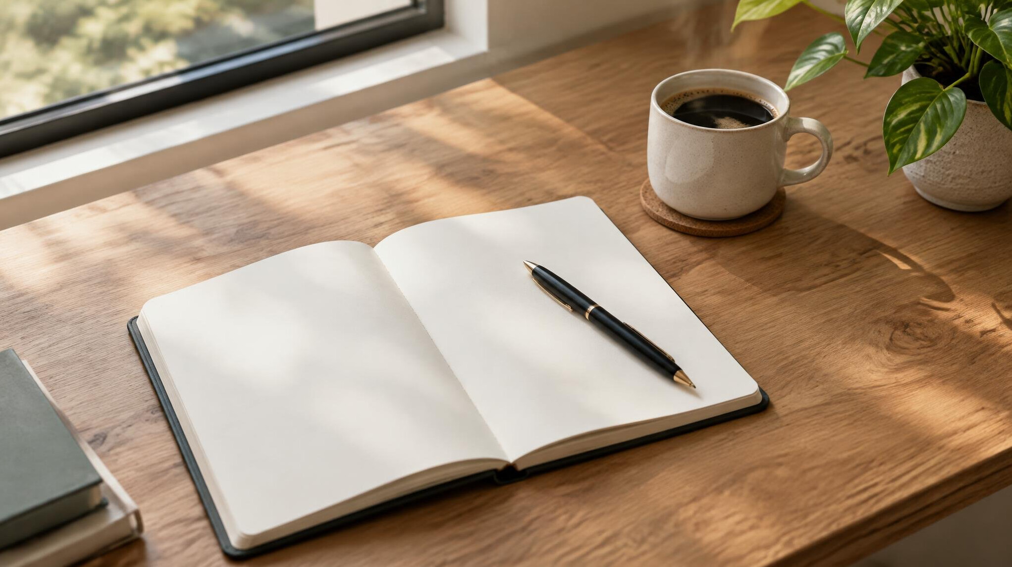 Open notebook and pen on a wooden desk with soft light