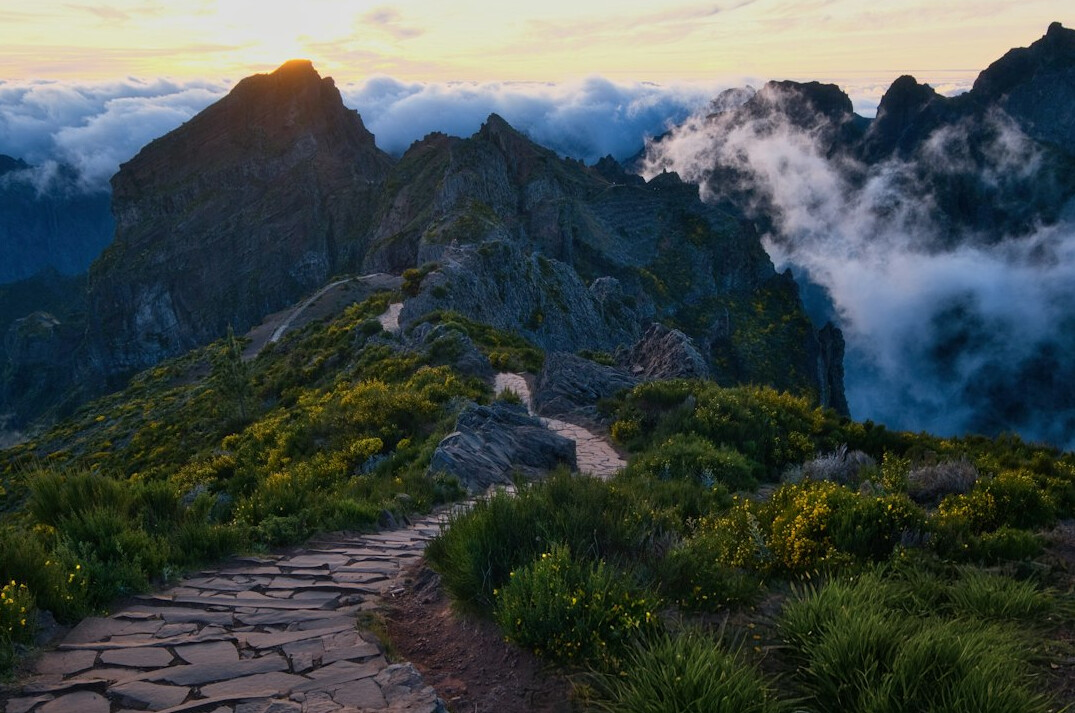 person climbing mountain path